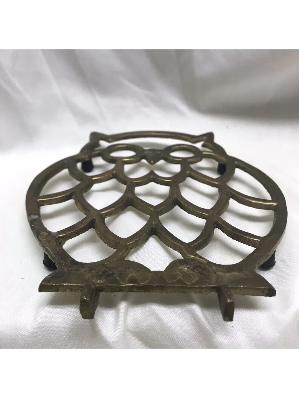 Vintage Brass Owl Trivet Made In Taiwan Patina 7”x5”  MCM Mid Century Modern